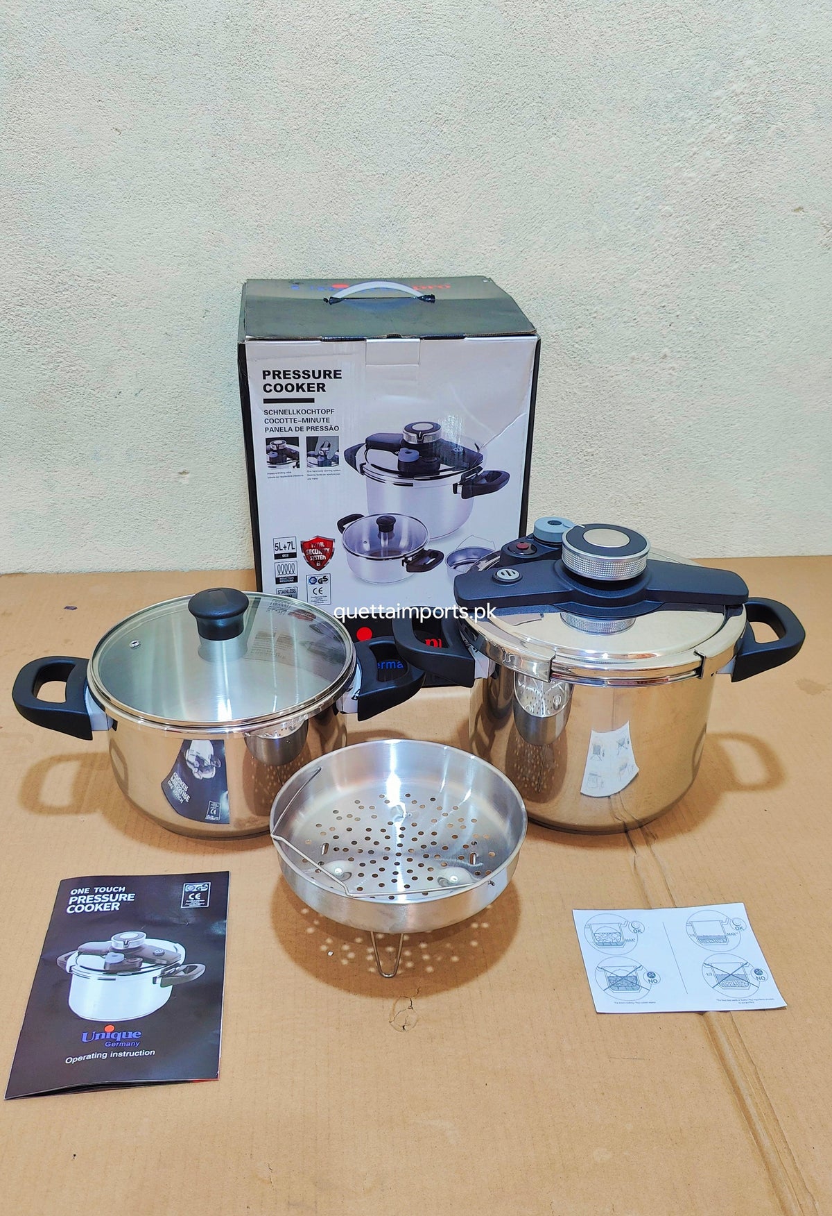 Imported Unique Pro 3 in 1 Stainless Steel Automatic Pressure Cooker - 5L + 7L