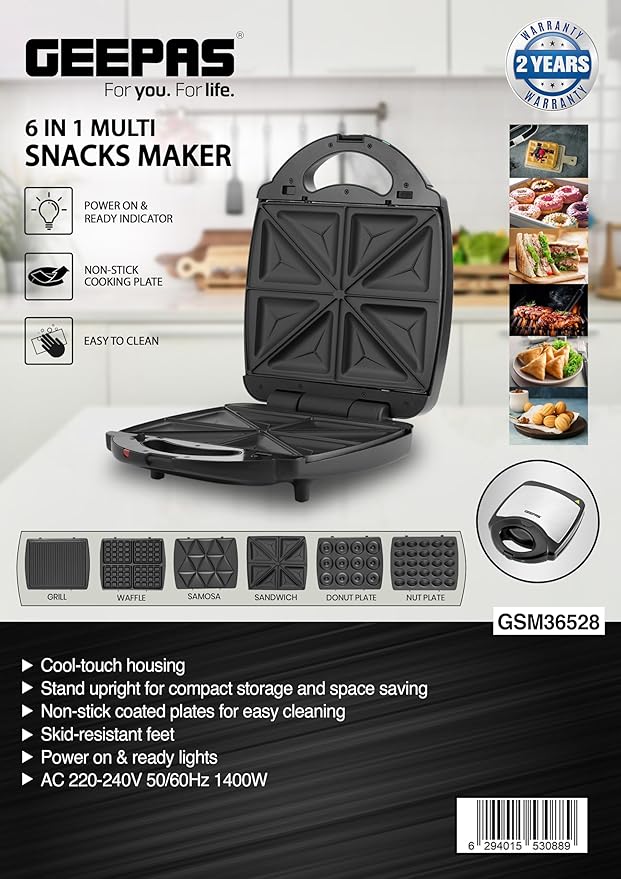 Geepas 6 in 1 Multi Snacks Sandwich Maker 36528